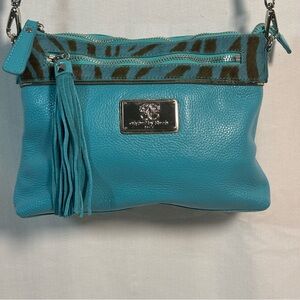 Vintage Original By Sharif Blue Leather / Fur‎ Crossbody Bag with tassel